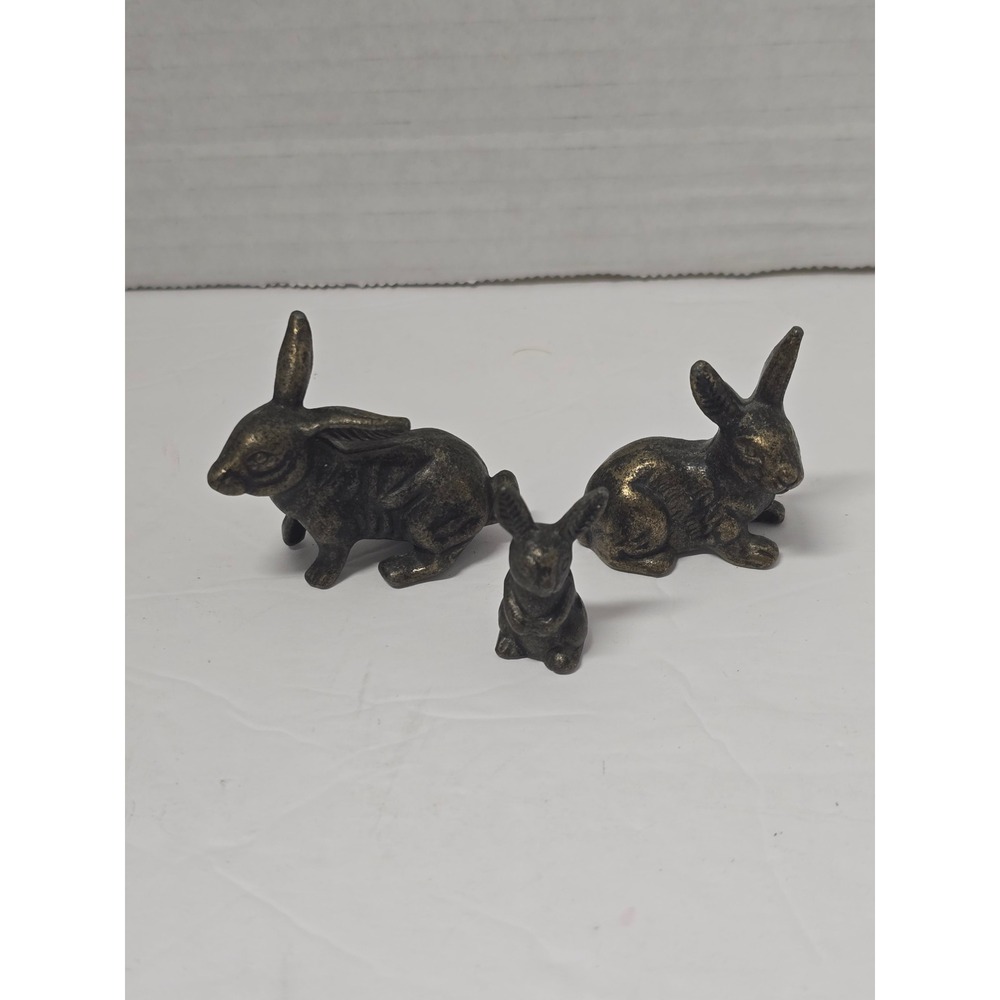 Vintage Miniature Brass Rabbit Figurine Set 3 Piece Bunny Family Bronze Trinket